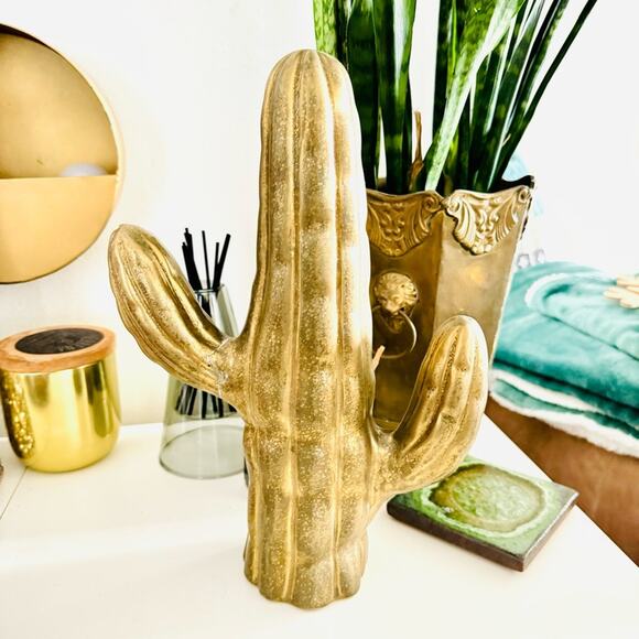 ANTHROPOLOGIE Textured Brass Gold Ceramic Saguaro Cactus Figurine Accent Decor - Picture 5 of 14